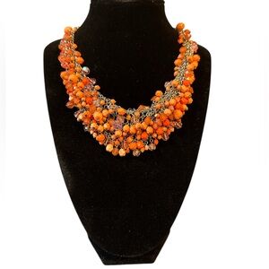 Vibrant Orange Beaded Chunky Bib Statement Necklace